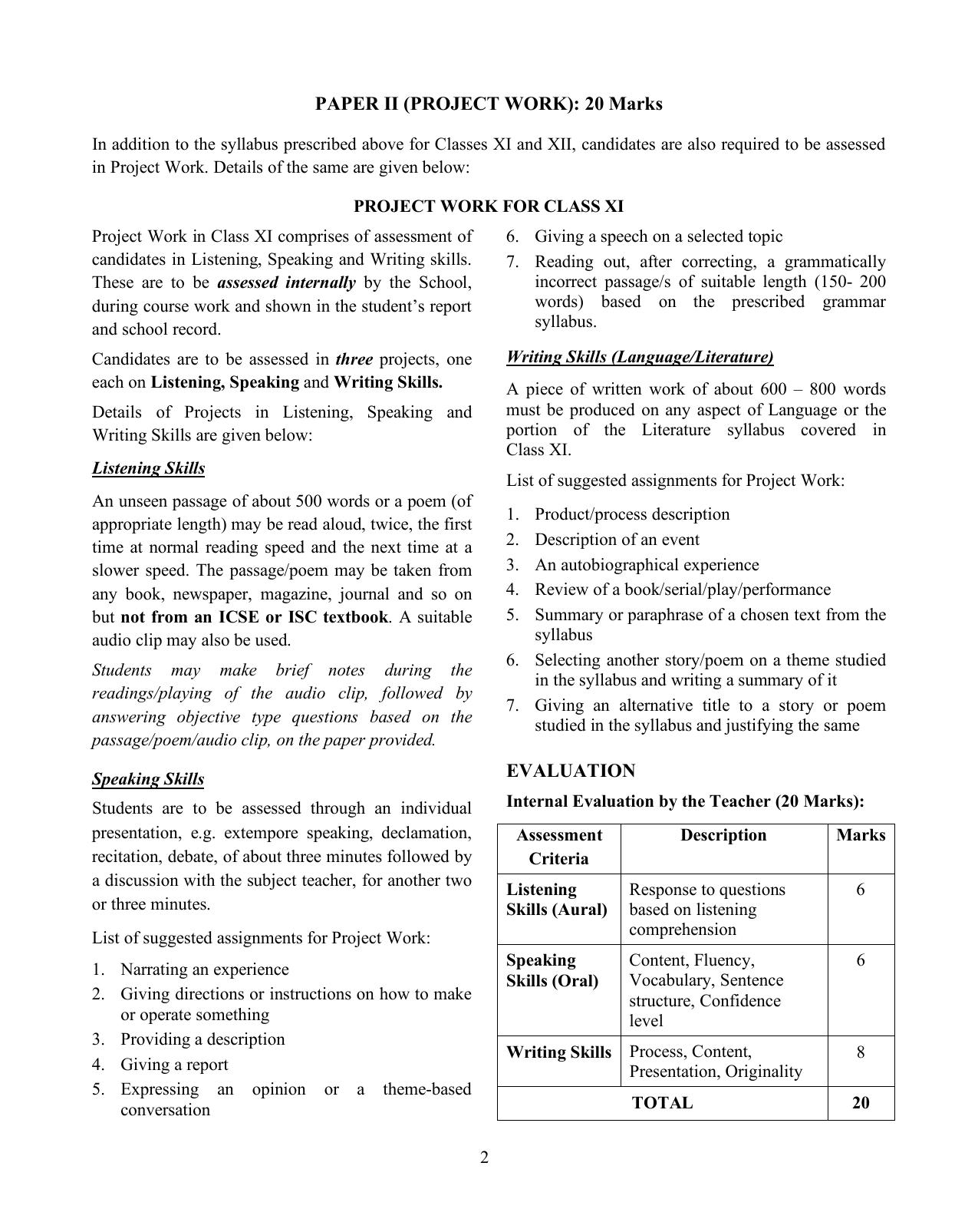ISC Class XI & XII Indian Languages 2025 Syllabus - Page 2