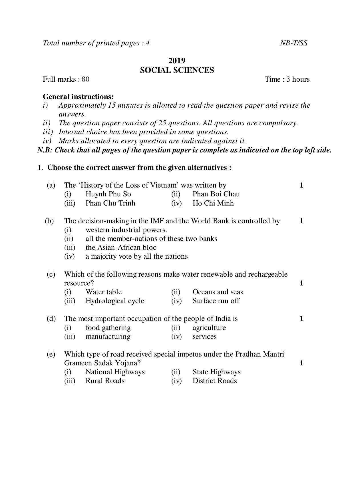 Nagaland Board Class 10 SOCIAL SCIENCES 2019 Question Paper - Page 1