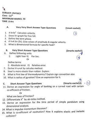 JKBOSE Class 11 Physics Model Question Paper 2023