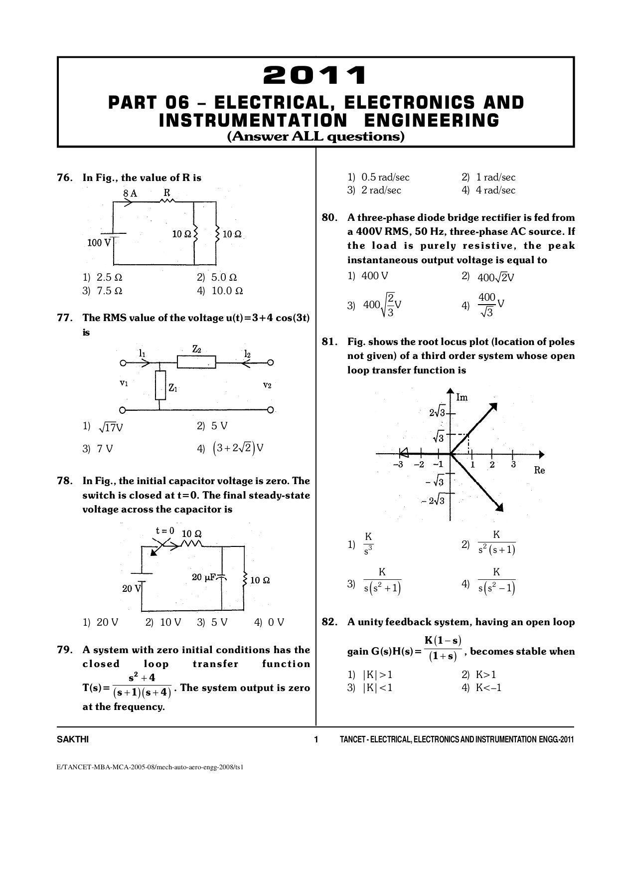 TANCET Electrical, Electronics and Instrumentation Engineering Question Papers 2011 - Page 1