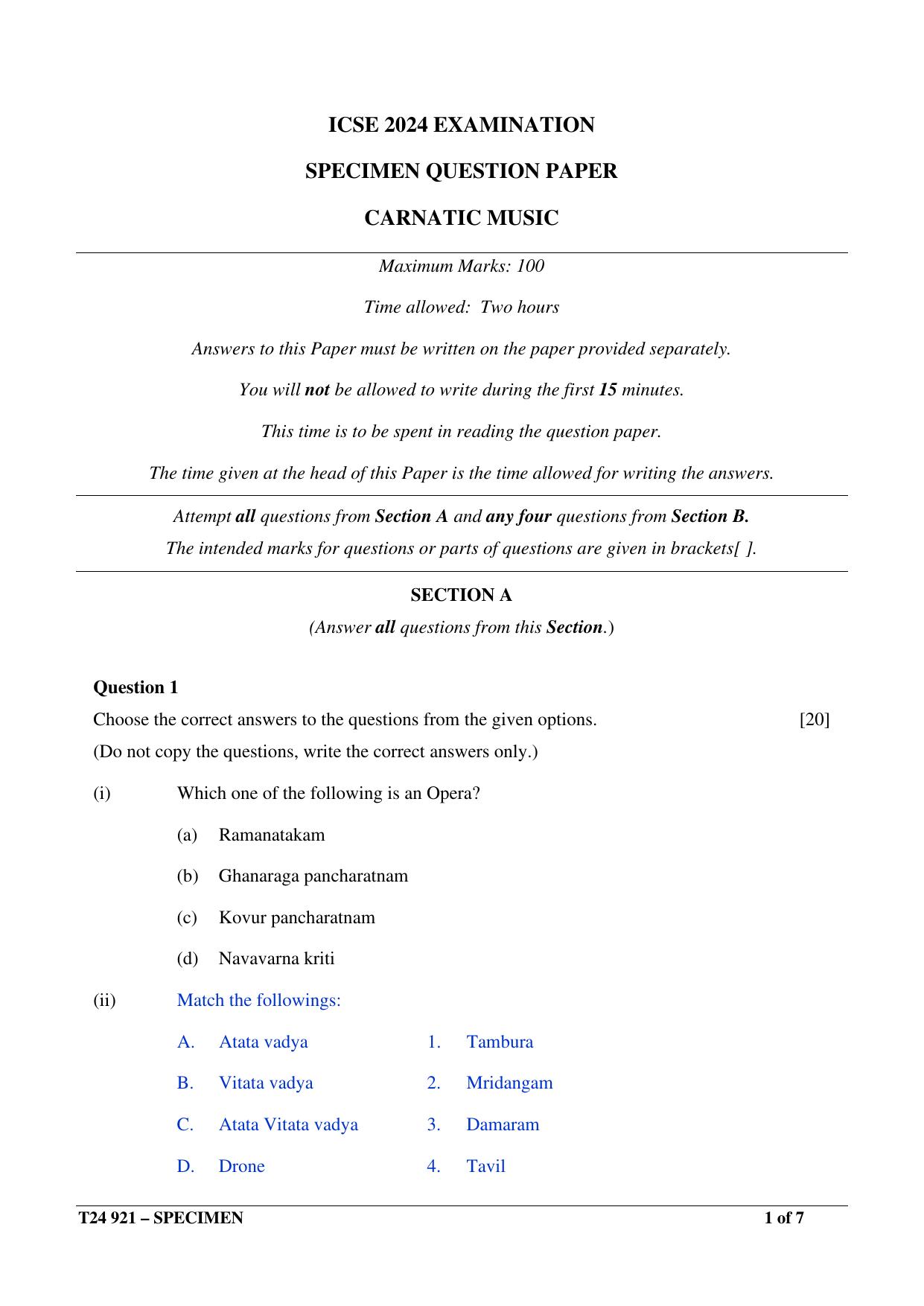 ICSE Class 10 2024 CARNATIC MUSIC Sample Paper - Page 1
