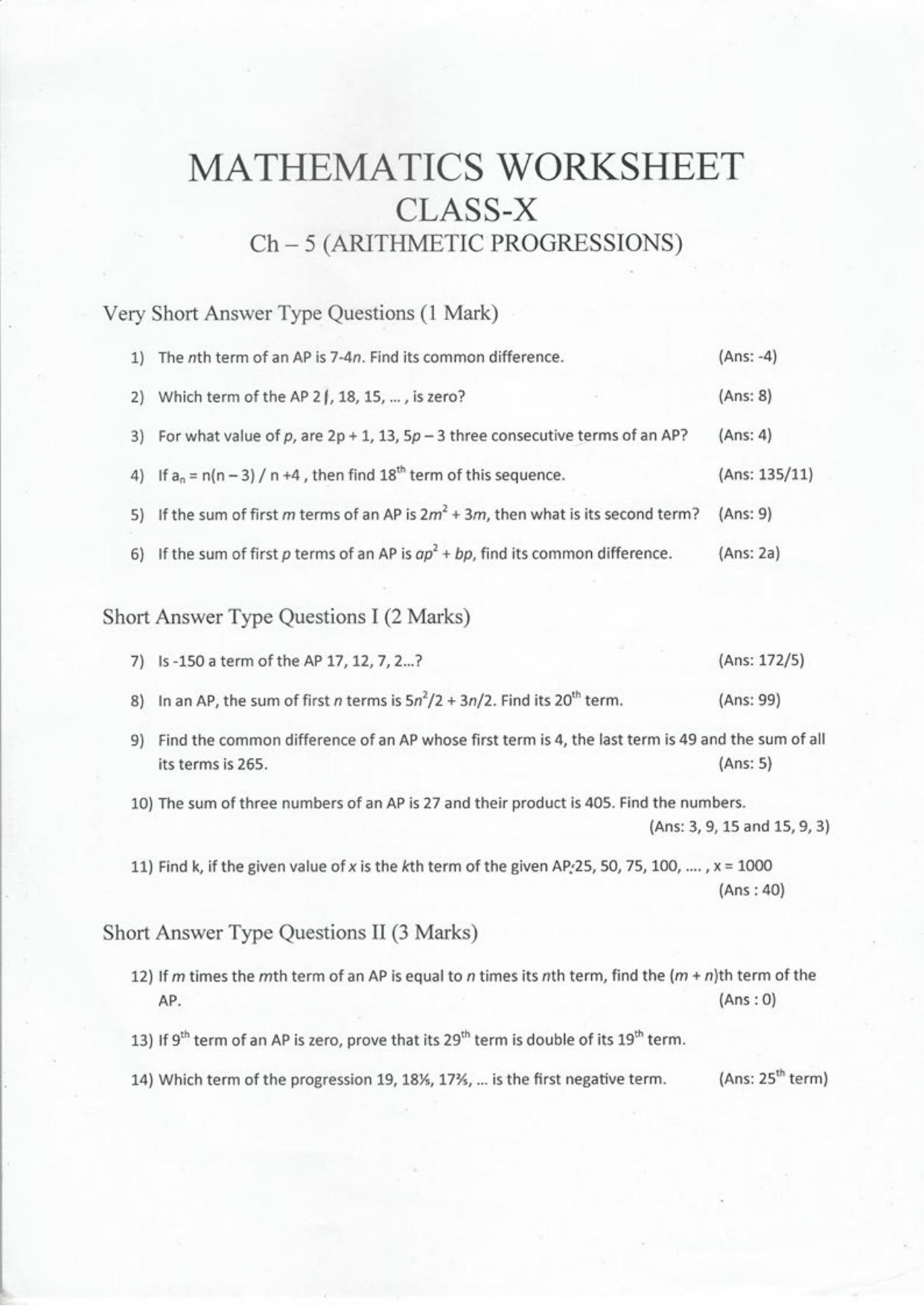 CBSE Worksheets for Class 10 Maths Arithmetic Progression Assignment 3 - Page 1
