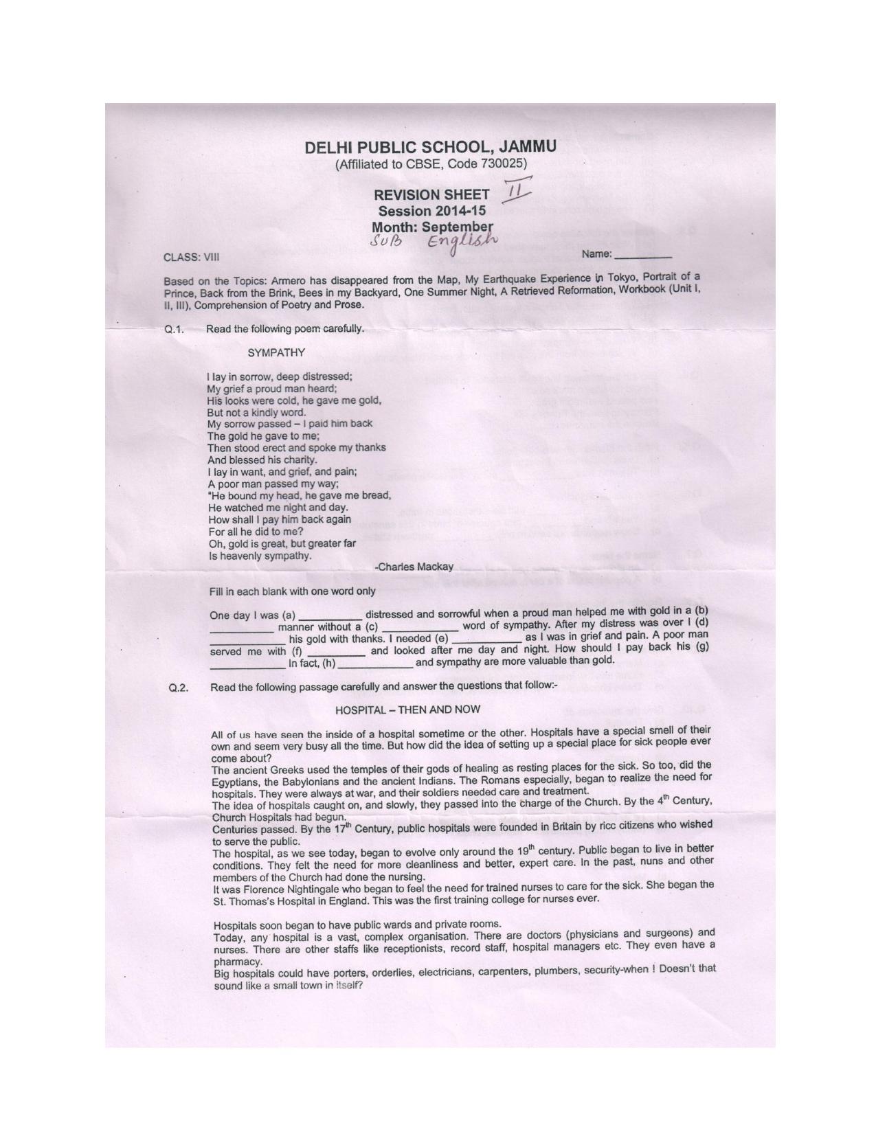 CBSE Class 8 English Worksheet Poem Passage Assignment - Page 1
