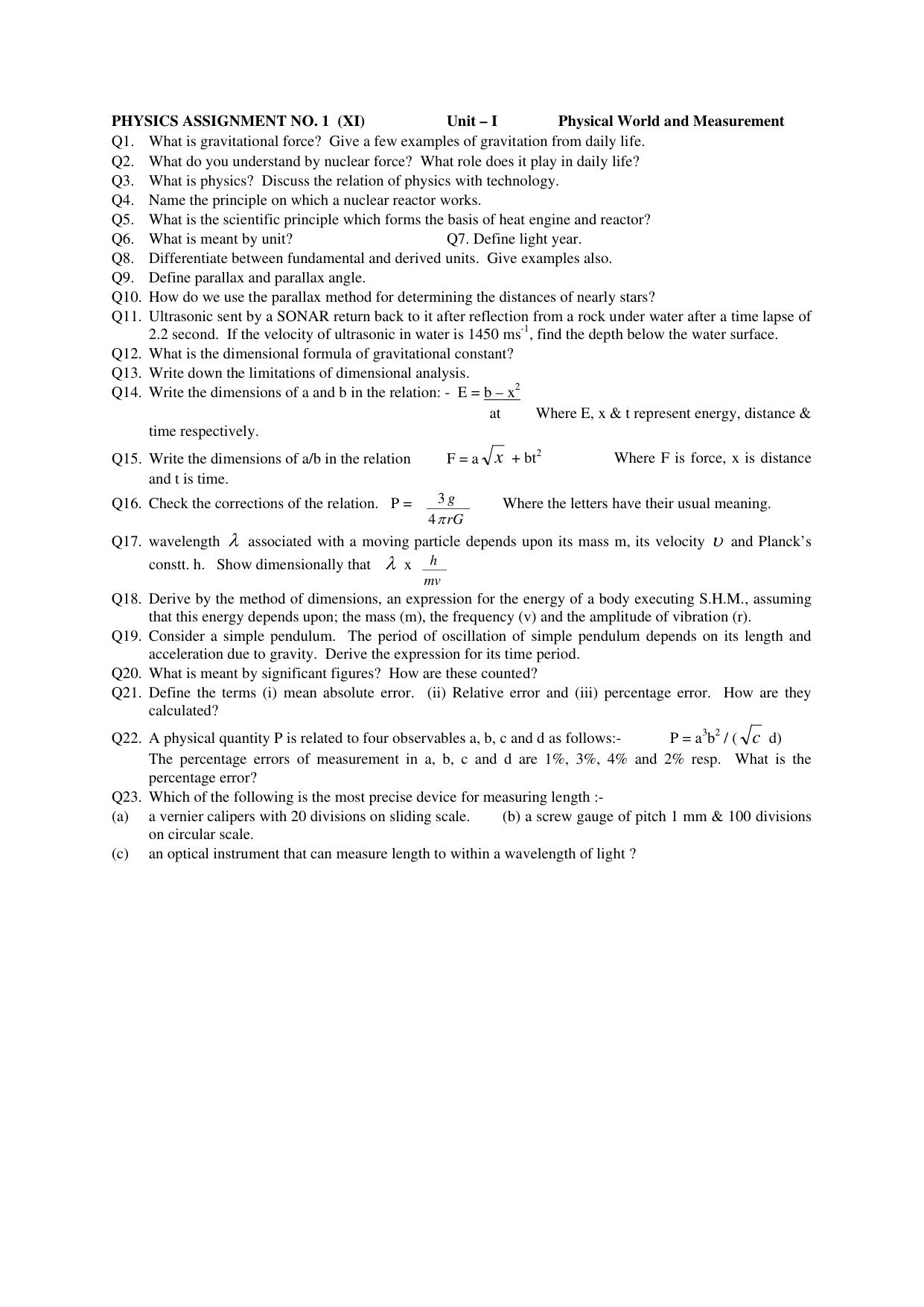CBSE Worksheets for Class 11 Physics Assignment 9 - Page 1