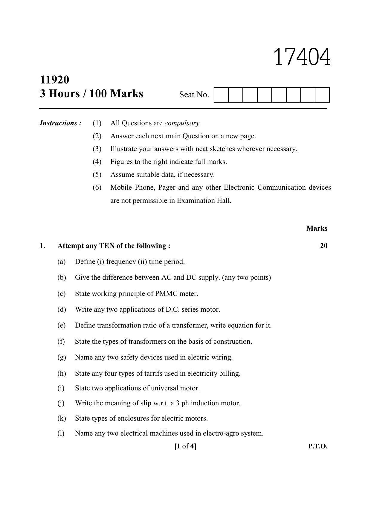 MSBTE Winter Question Paper 2019 - Electrical Engineering - Page 1