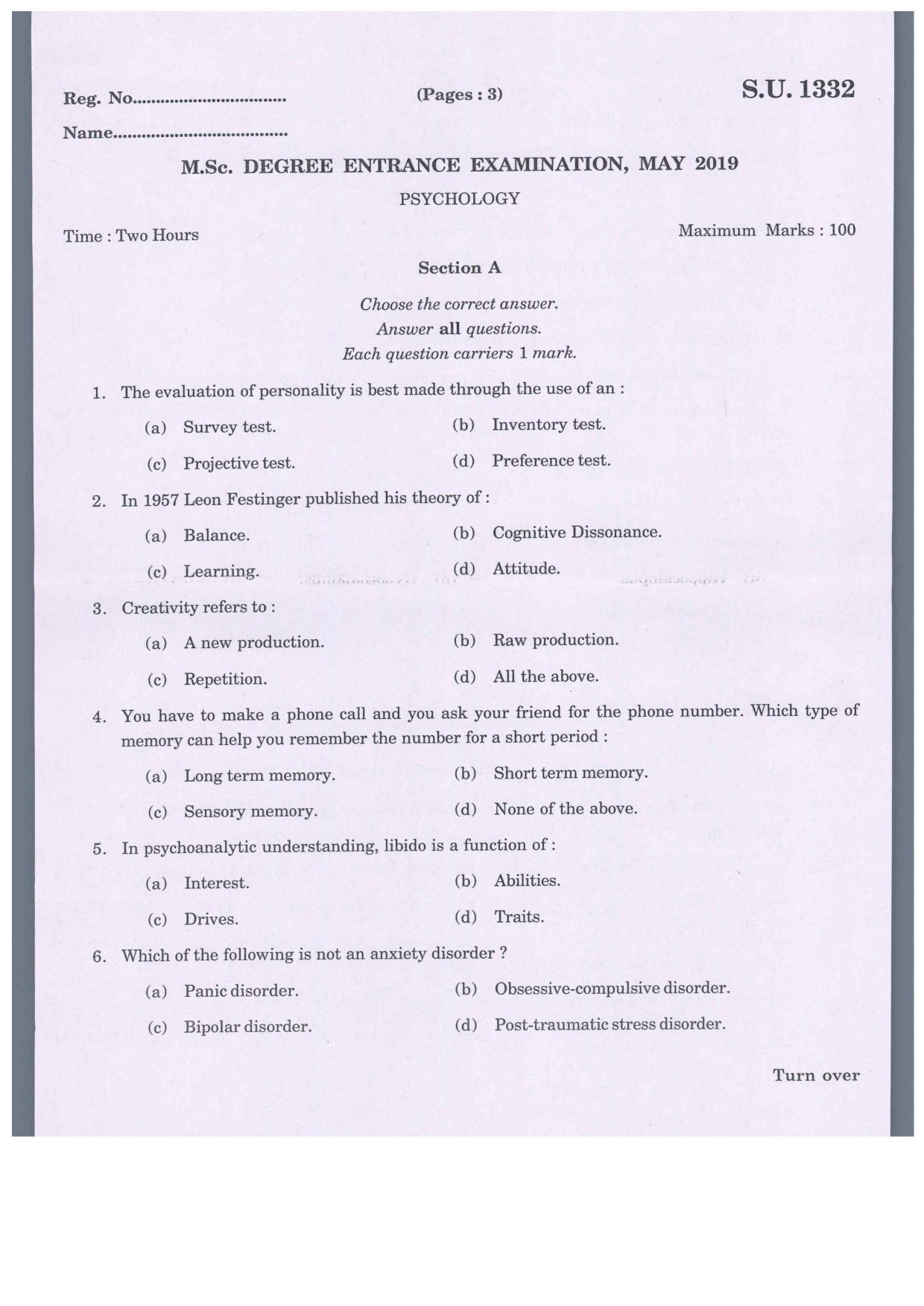 SSUS Entrance Exam PSYCOLOGY 2019 Question Paper - Page 1
