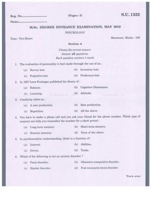 SSUS Entrance Exam PSYCOLOGY 2019 Question Paper