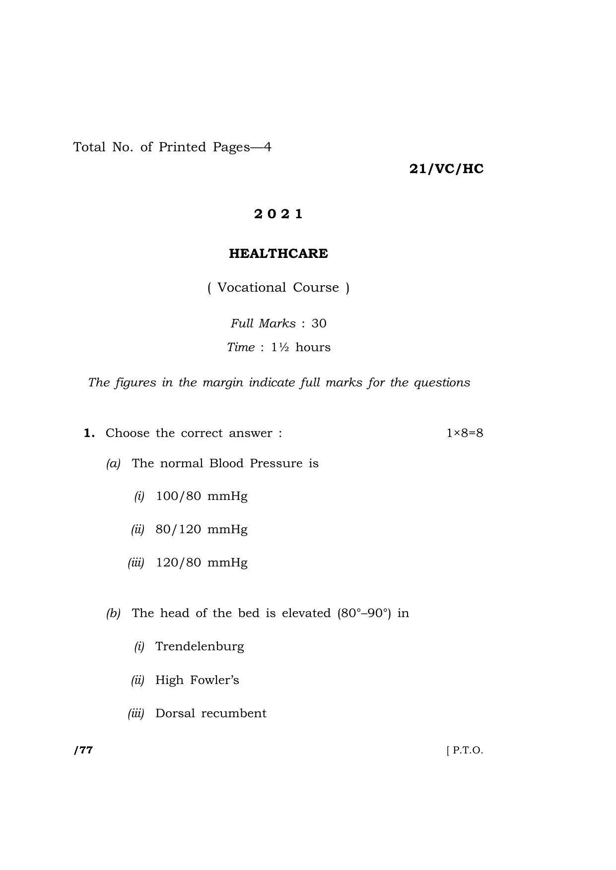Meghalaya Board (MBOSE) Class 10 HEALTHCARE (21-VC-HC) 2021 Question Paper - Page 1