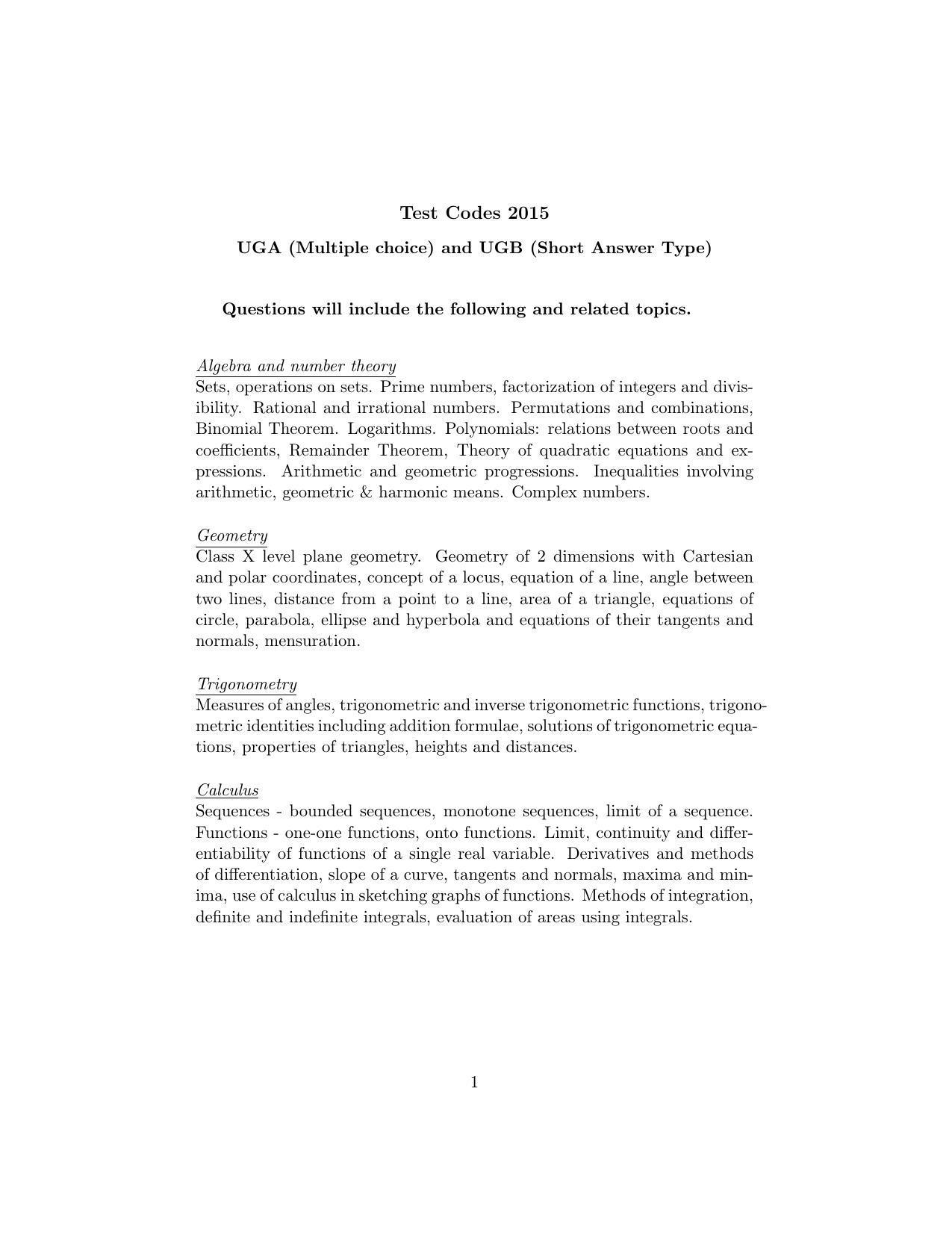 ISI Admission Test B.Stat UGA 2015 Sample Paper - Page 1
