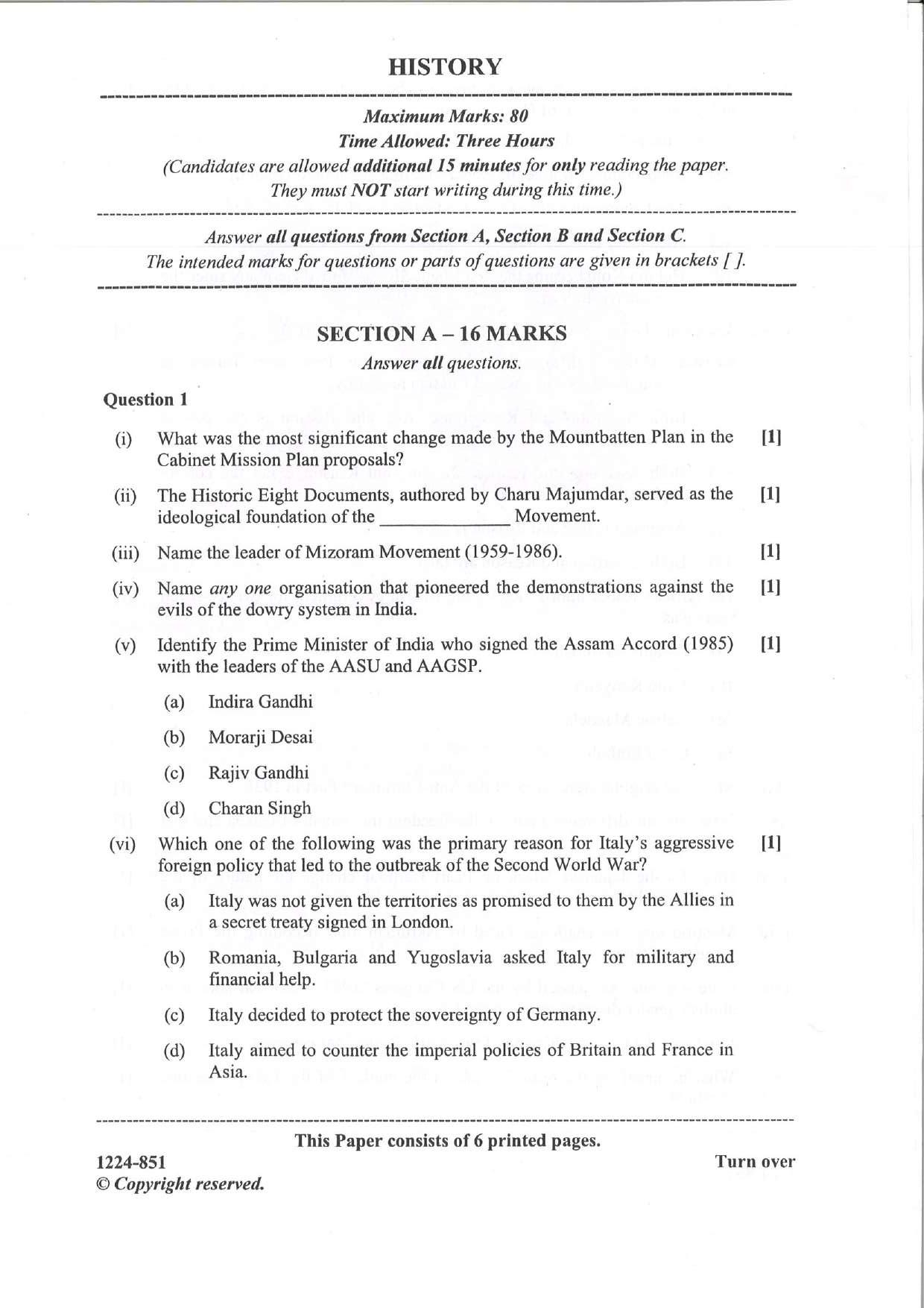 ISC Class 12 History & Civics 2024 Question Paper - Page 1