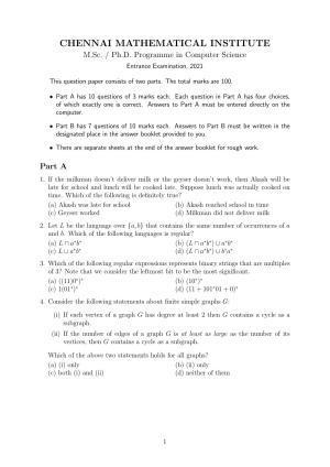 CMI Entrance Exam 2021 Question Paper MSc/PhD Computer Science