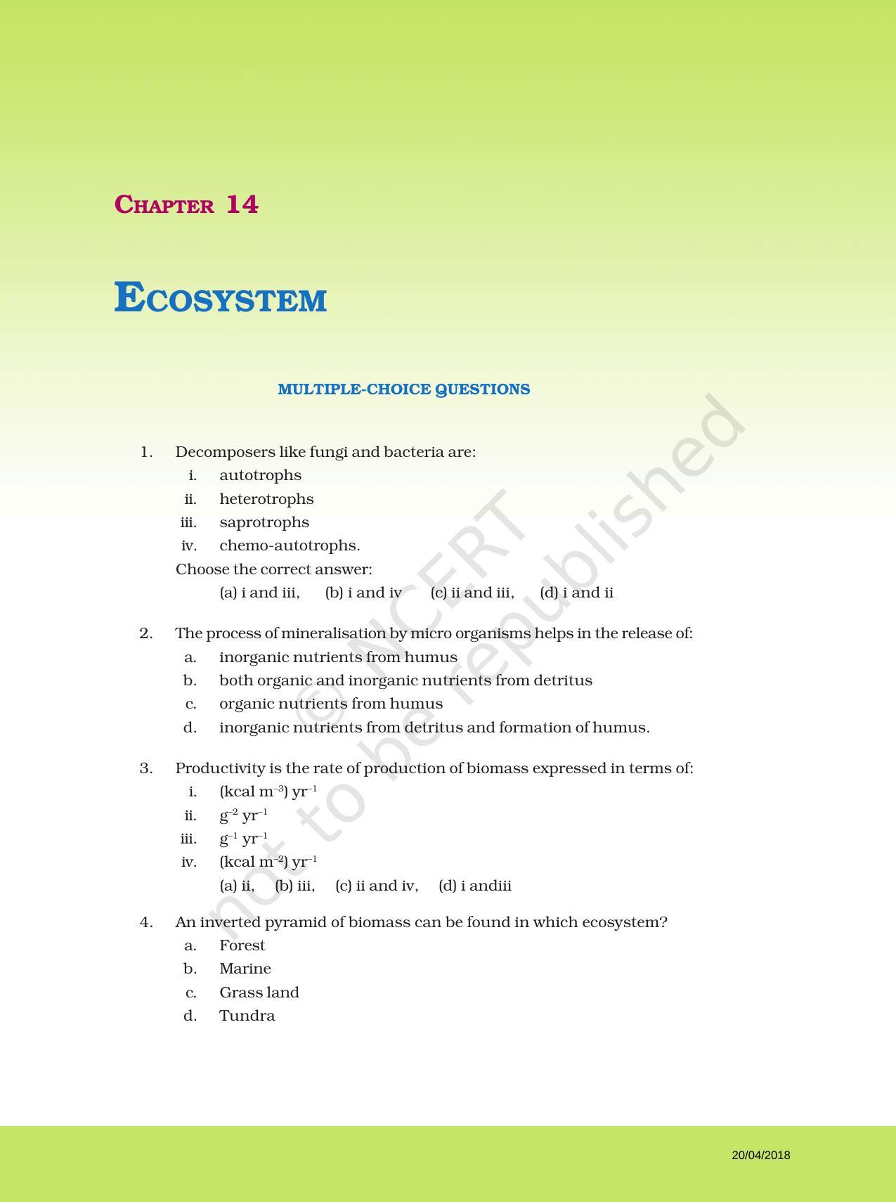 NCERT Exemplar Book for Class 12 Biology: Chapter 14 Ecosystem - Page 1
