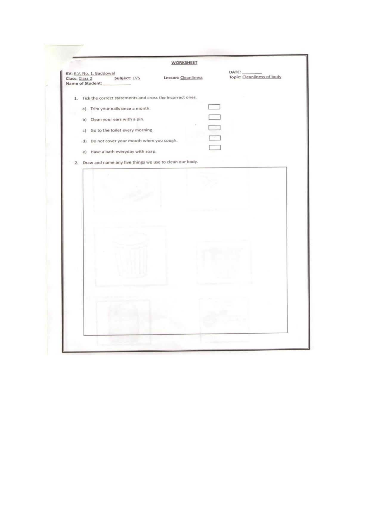 Worksheets for Class 2 EVS Assignment 18 Cleanliness - Page 1