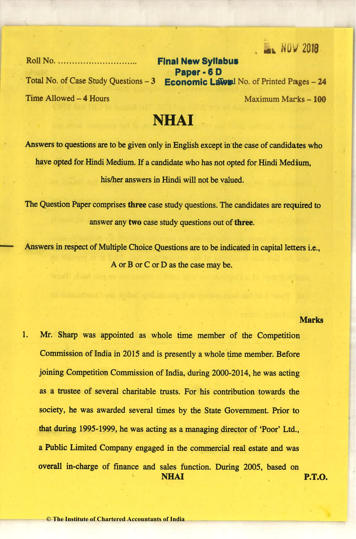 CA Final Nov 2018 Question Paper - Paper 6D – Economic Laws - Page 1