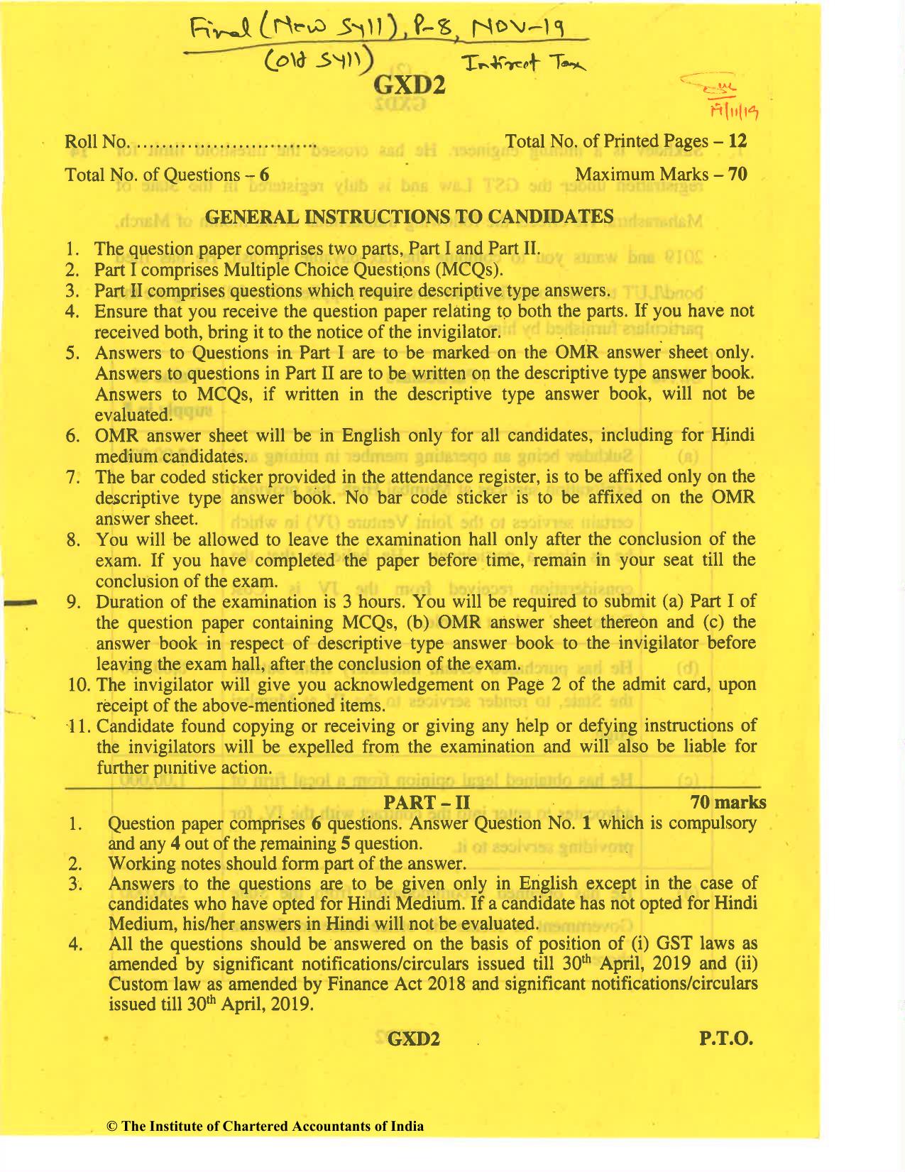 CA Final Nov 2019 Question Paper -Paper 8 – Indirect Tax Laws - Page 1