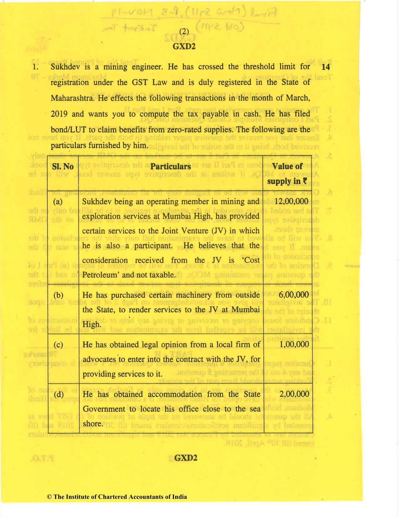 CA Final Nov 2019 Question Paper -Paper 8 – Indirect Tax Laws - Page 2