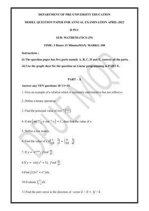 Karnataka Board 2nd PUC (Class 12) Mathematics Model Papers 2023
