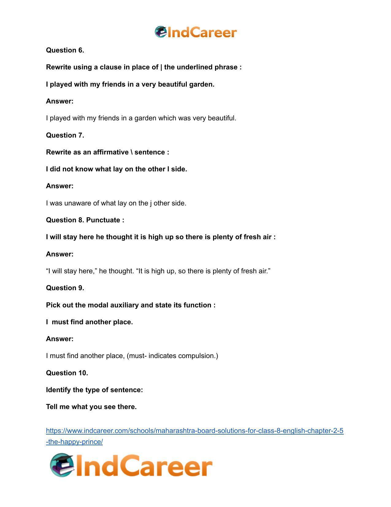 Maharashtra Board Solutions for Class 8- English: Chapter 2.5- The Happy Prince - Page 22