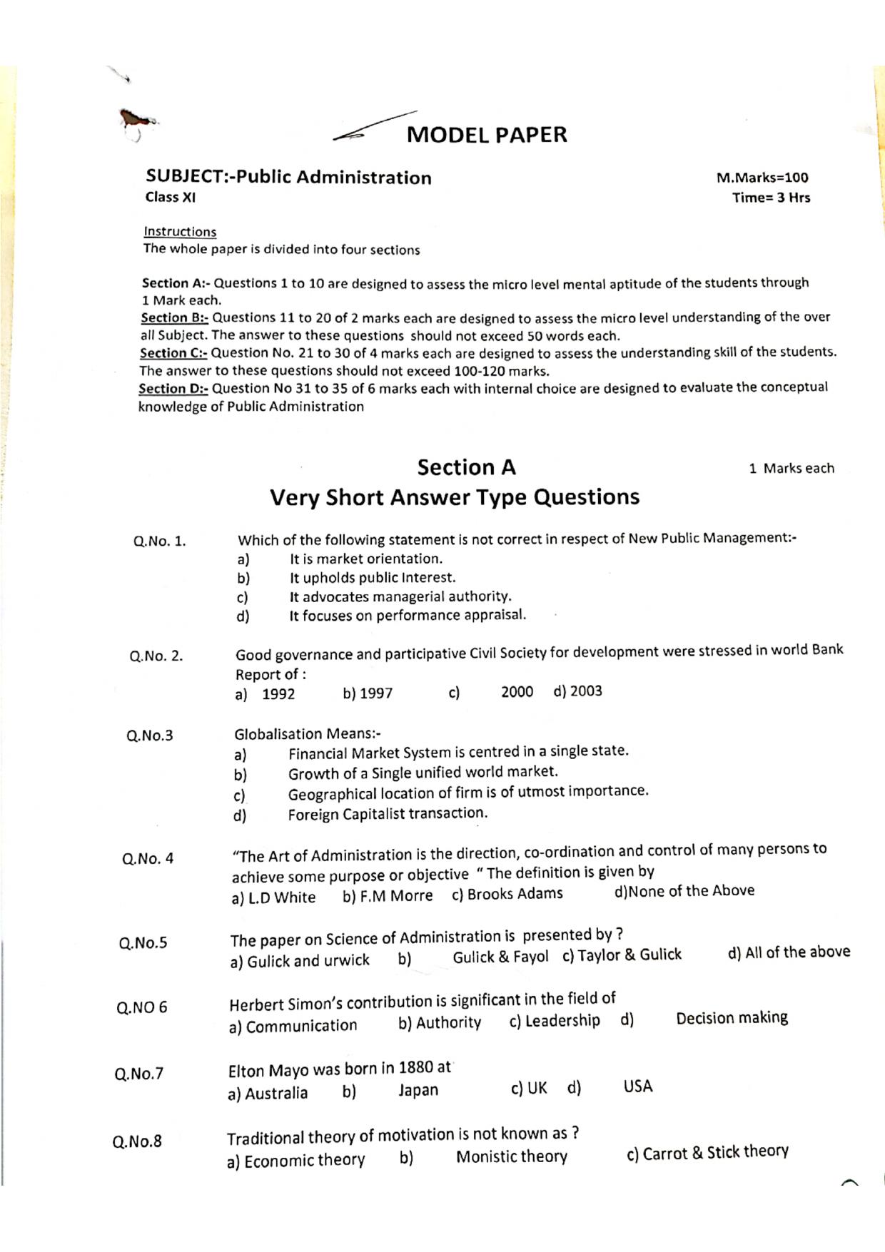 JKBOSE Class 11 Public Adminstration Model Question Paper - Page 1