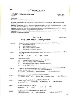 JKBOSE Class 11 Public Adminstration Model Question Paper