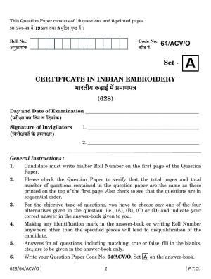 NIOS October 2022 Class 10 Certificate In Indian Embroidery Question Paper