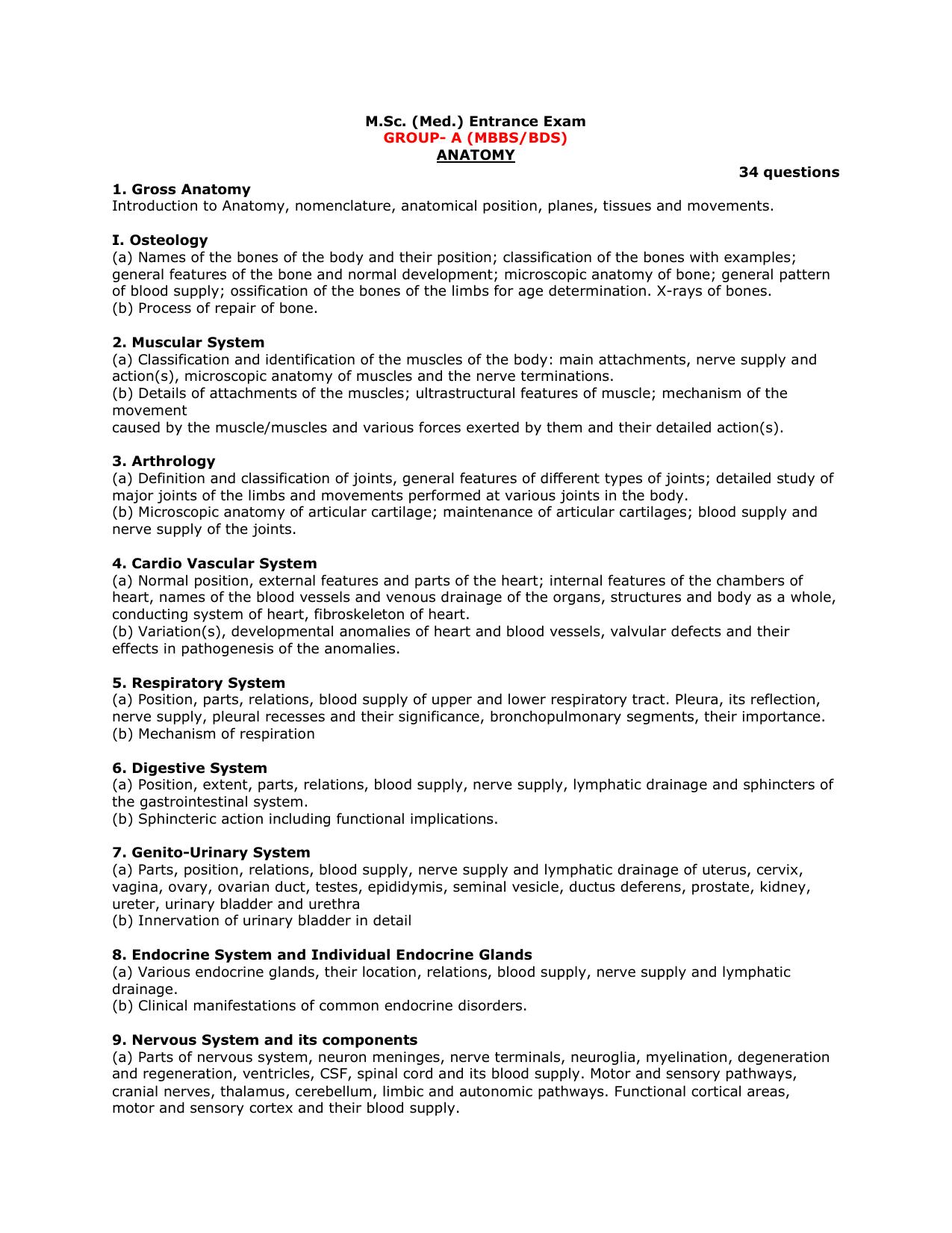 RUHS M.Sc Med Entrance Exam - Group A (MBBS/BDS) Syllabus - Page 1