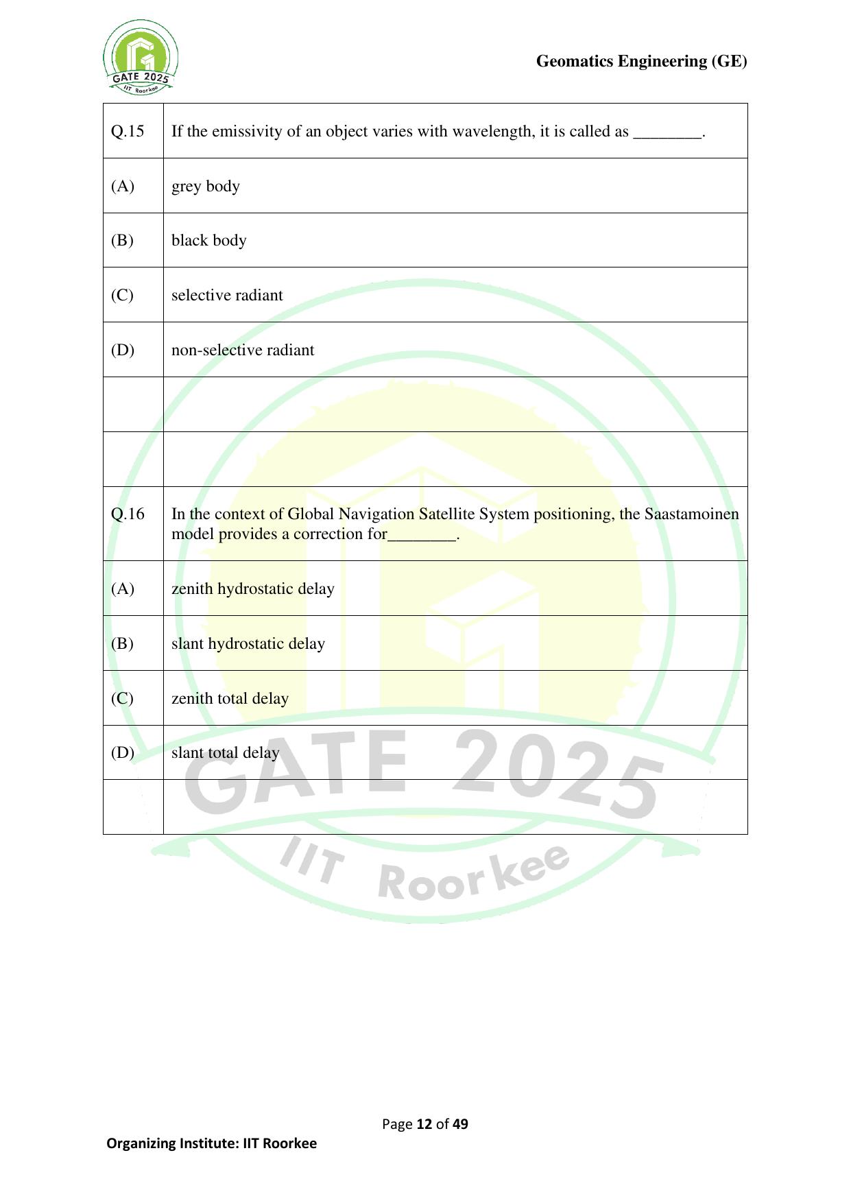 GATE 2025 Geomatics Engineering (GE) Question Paper - Page 12