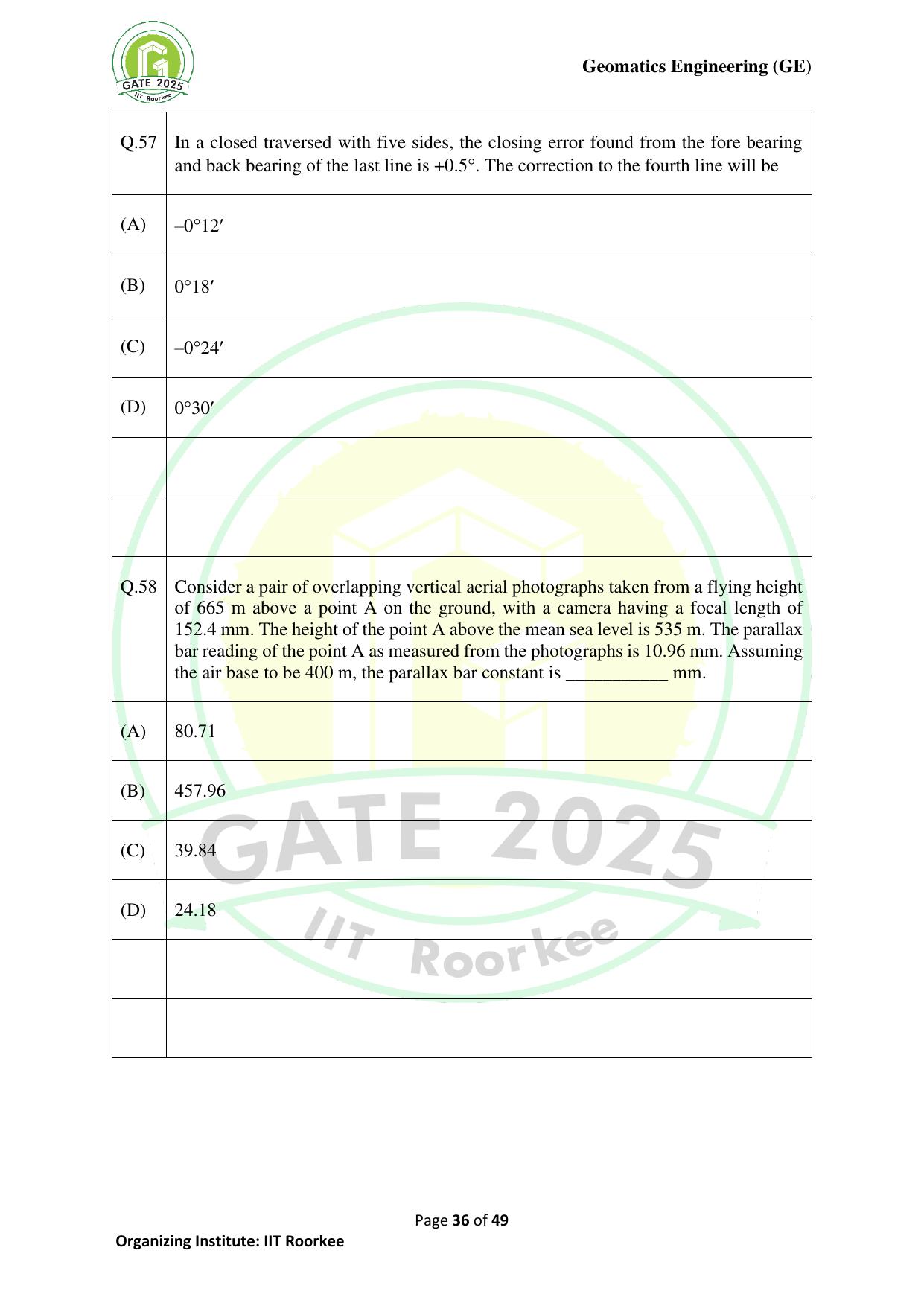 GATE 2025 Geomatics Engineering (GE) Question Paper - Page 36
