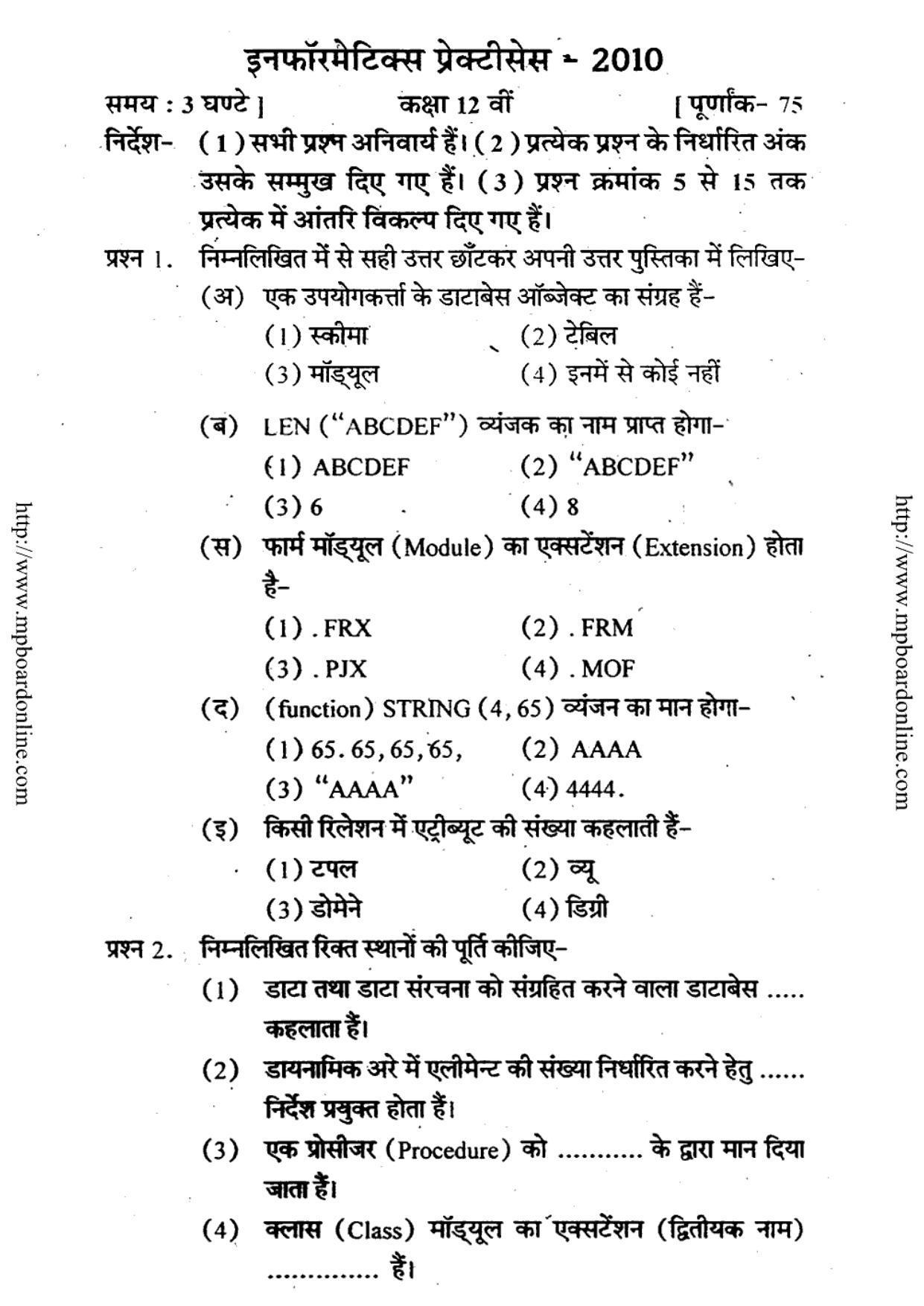 MP Board Class 12 Informatics Practices 2010 Question Paper - Page 1