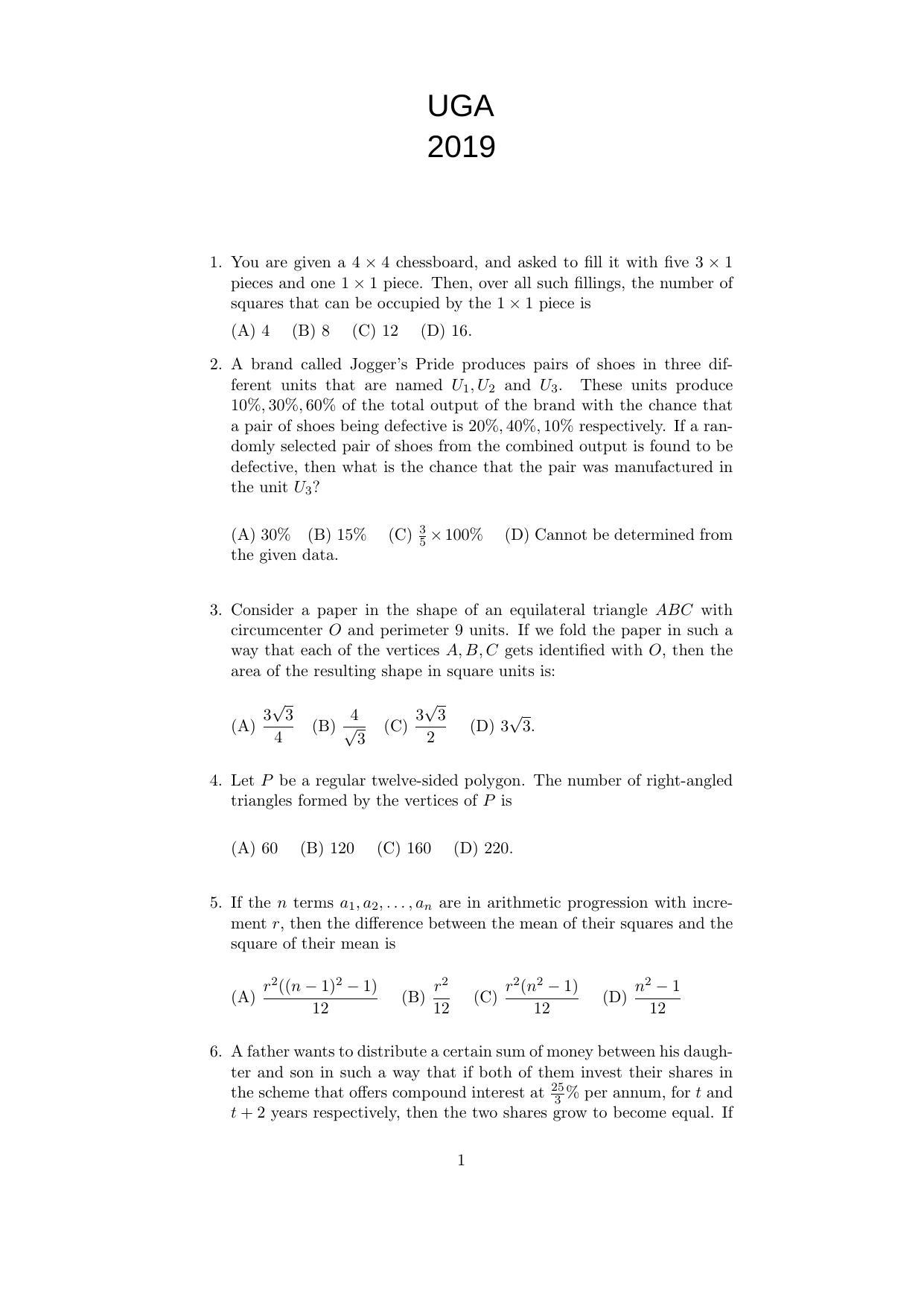 ISI Admission Test B.Math UGA 2019 Sample Paper - Page 1