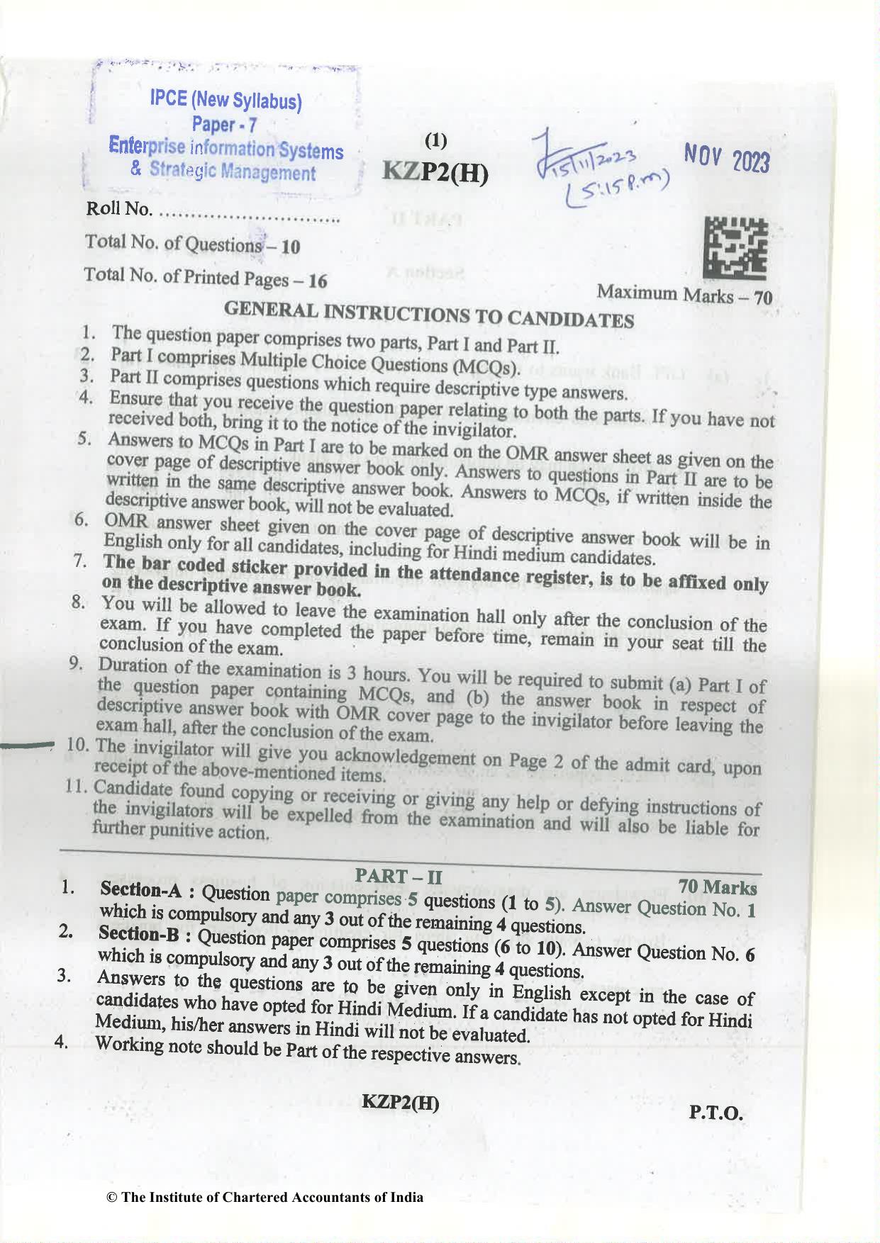CA Inter Nov 2023 Question Paper - Paper 7 – Enterprise Information Systems & Strategic Management - Page 1