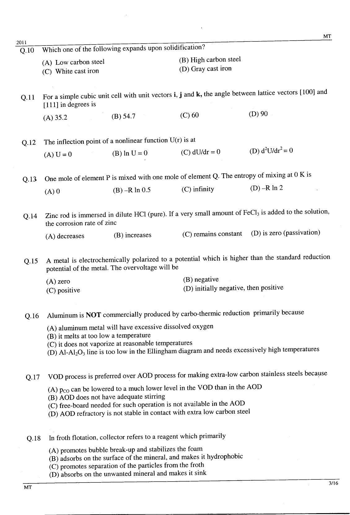 GATE 2011 Metallurgical Engineering (MT) Question Paper with Answer Key - Page 3