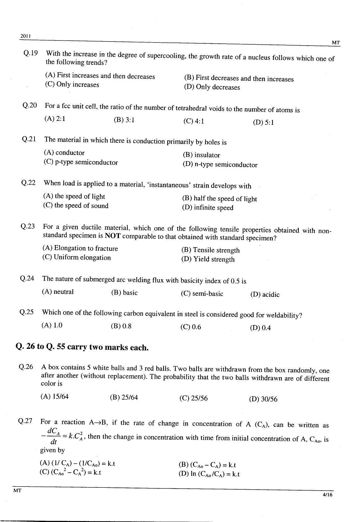 GATE 2011 Metallurgical Engineering (MT) Question Paper with Answer Key - Page 4