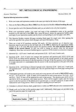 GATE 2011 Metallurgical Engineering (MT) Question Paper with Answer Key