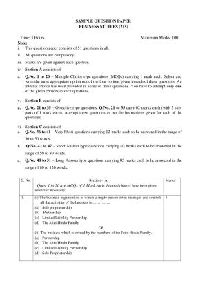 NIOS Class 10 Business Studies (215) Sample Paper