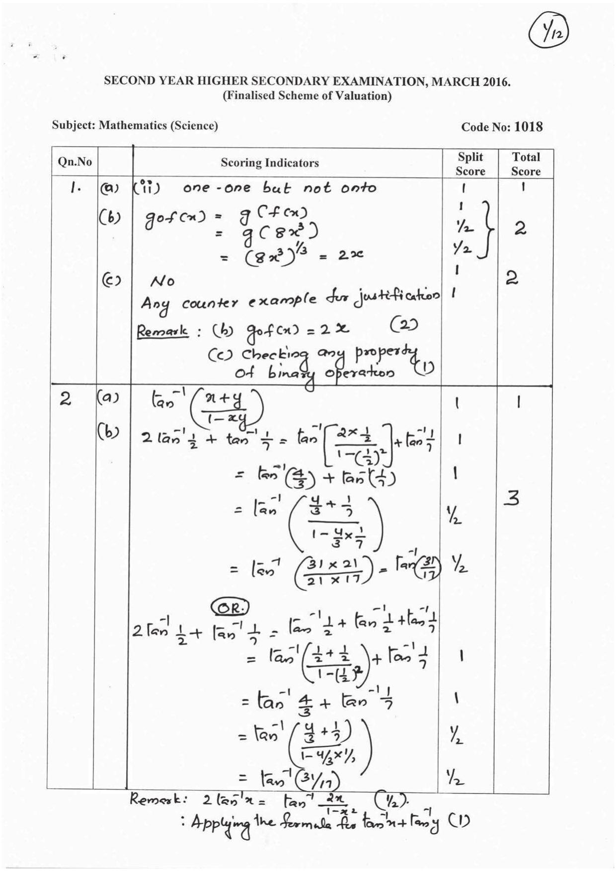 Kerala Plus Two 2016 Maths (Science) Answer Key - Page 1