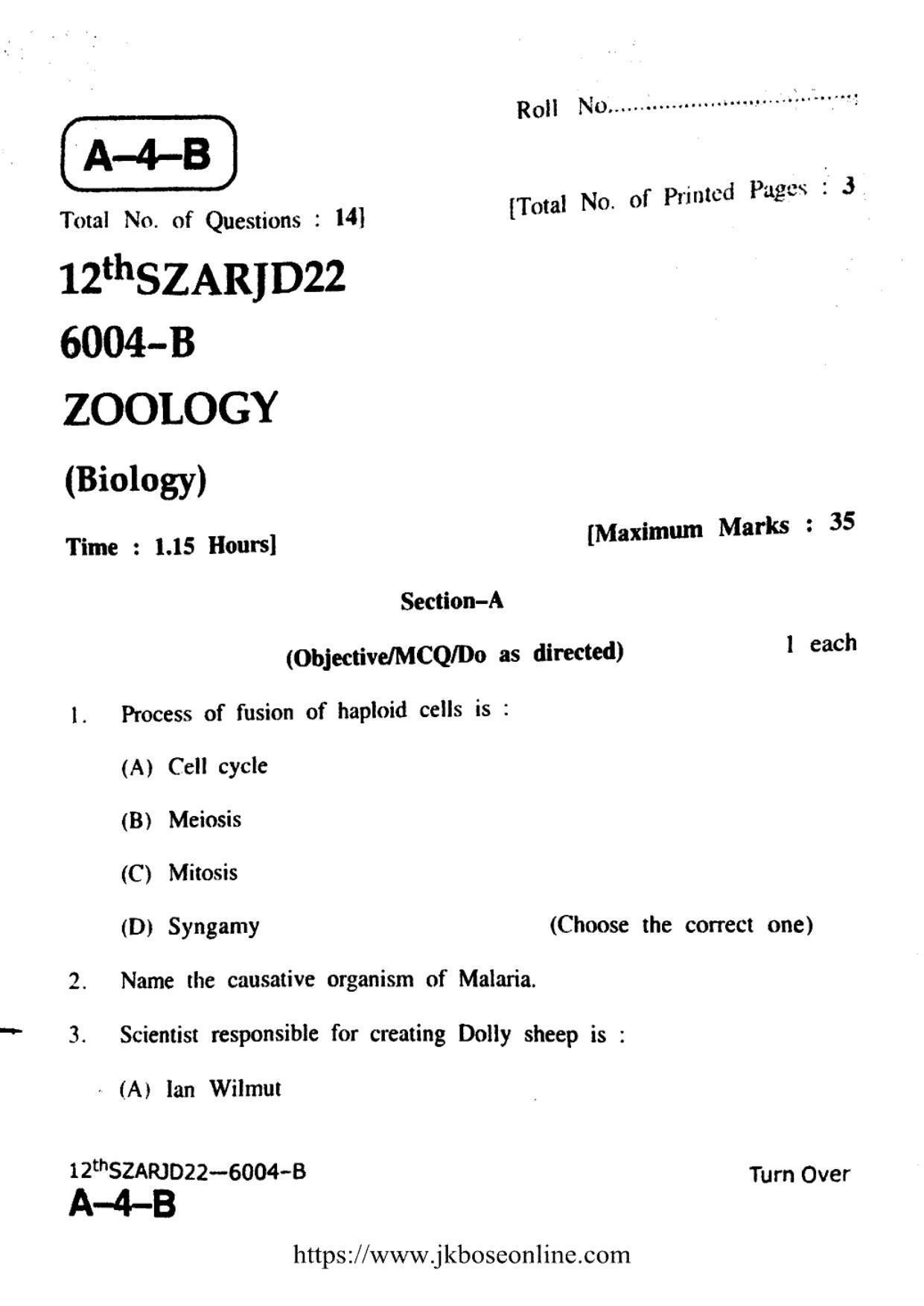 JKBOSE Class 12 Biology-Zoology 6004-B Question Papers 2022 - Page 1