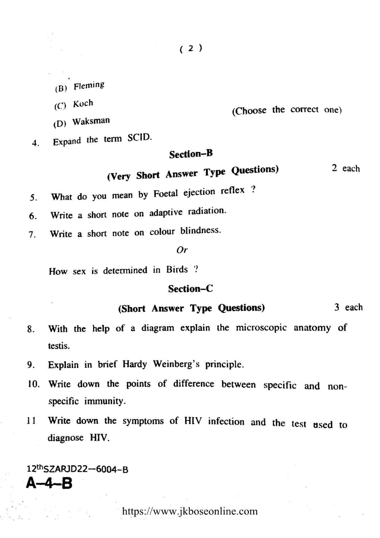 JKBOSE Class 12 Biology-Zoology 6004-B Question Papers 2022 - Page 2