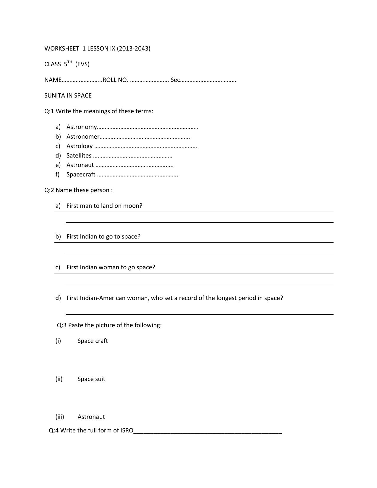 Worksheet for Class 5 Environmental Studies Astronomy Assignment - Page 1