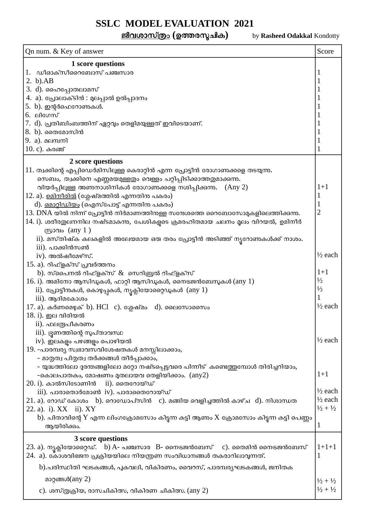 Kerala SSLC 2021 Biology Answer Key (MM) - Page 1