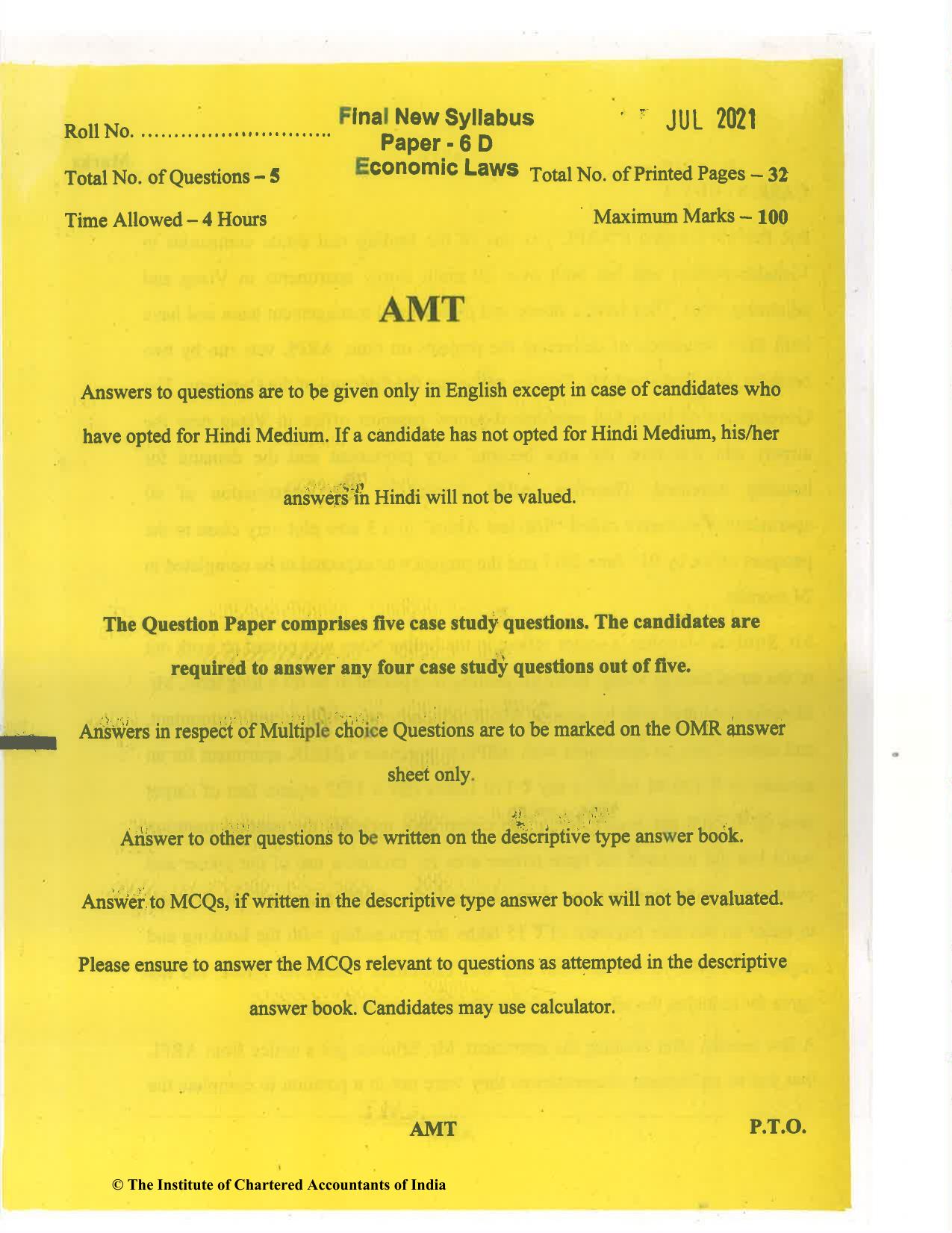 CA Final Jul 2021 Question Paper - Paper 6D – Economic Laws - Page 1