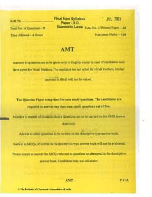 CA Final Jul 2021 Question Paper - Paper 6D – Economic Laws