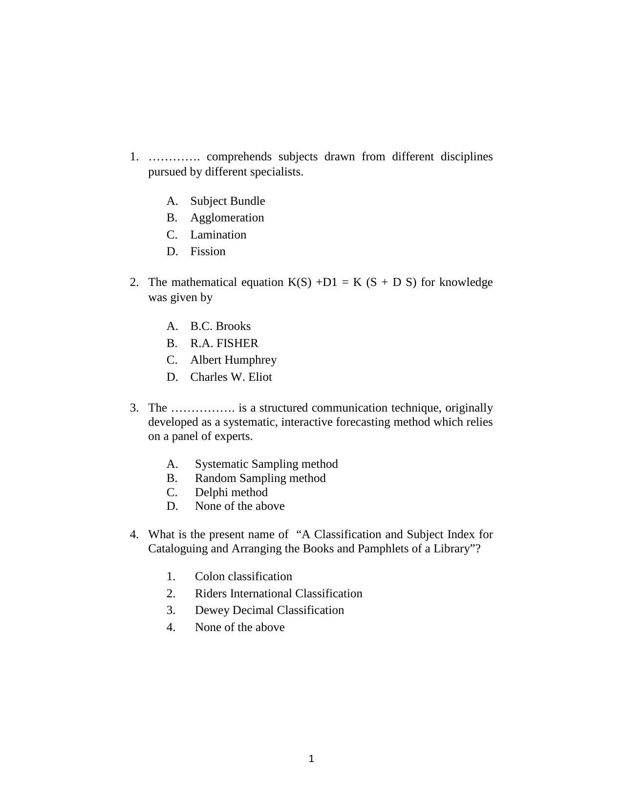 ISI Admission Test JRF in Library and Information Science LIA 2018 Sample Paper - Page 1