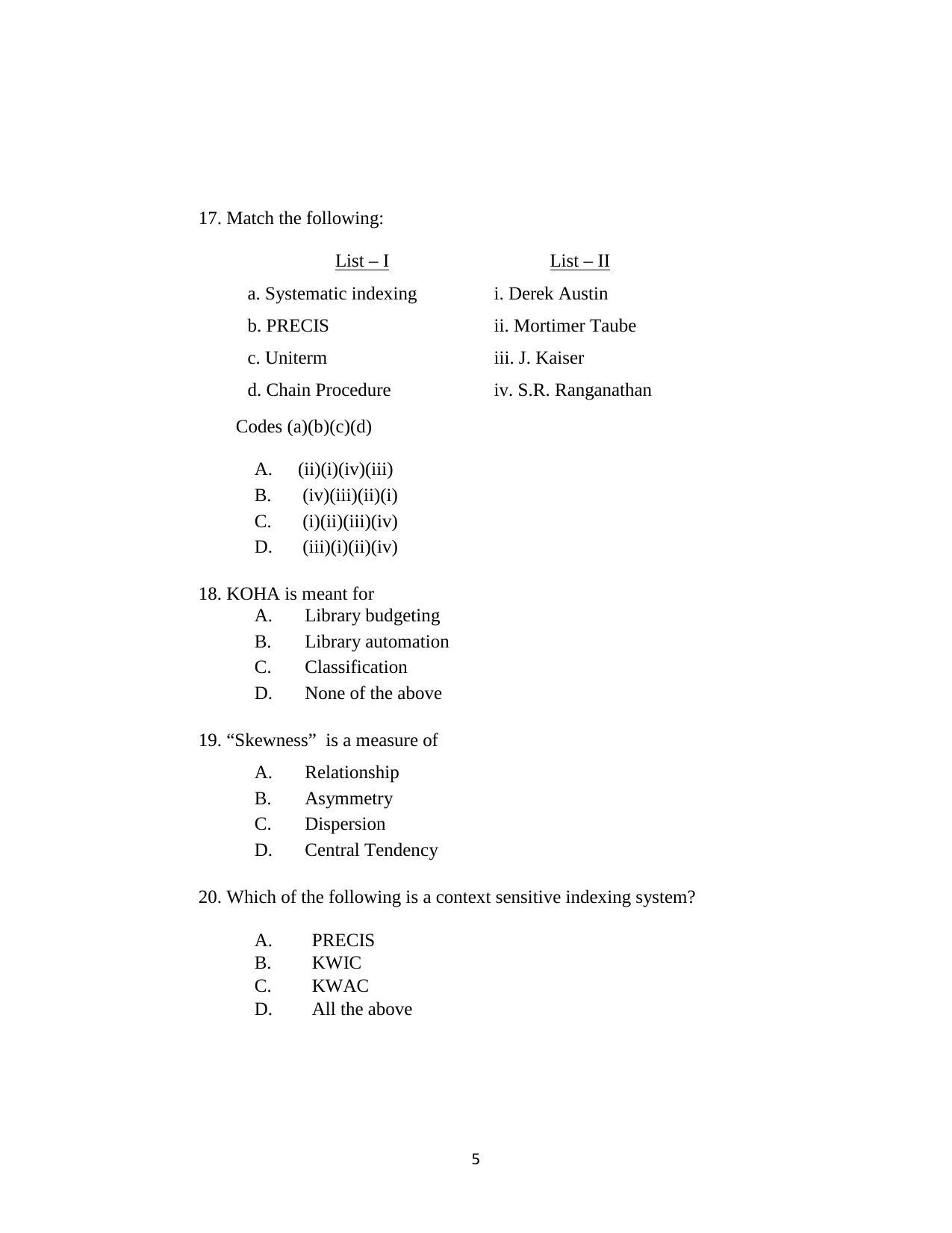 ISI Admission Test JRF in Library and Information Science LIA 2018 Sample Paper - Page 5