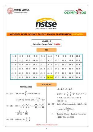 NSTSE 2023 Class 6 Answer Key (Paper Code 484)