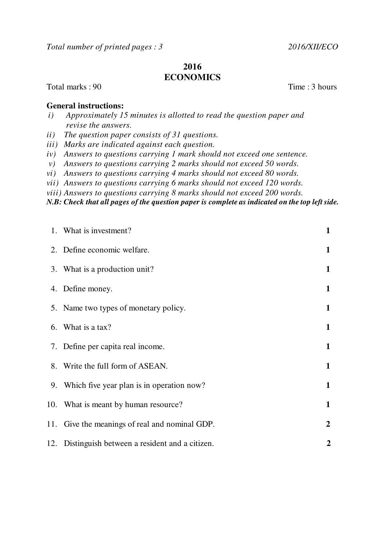 Nagaland Board Class 12 ECONOMICS 2016 Question Papers - Page 1