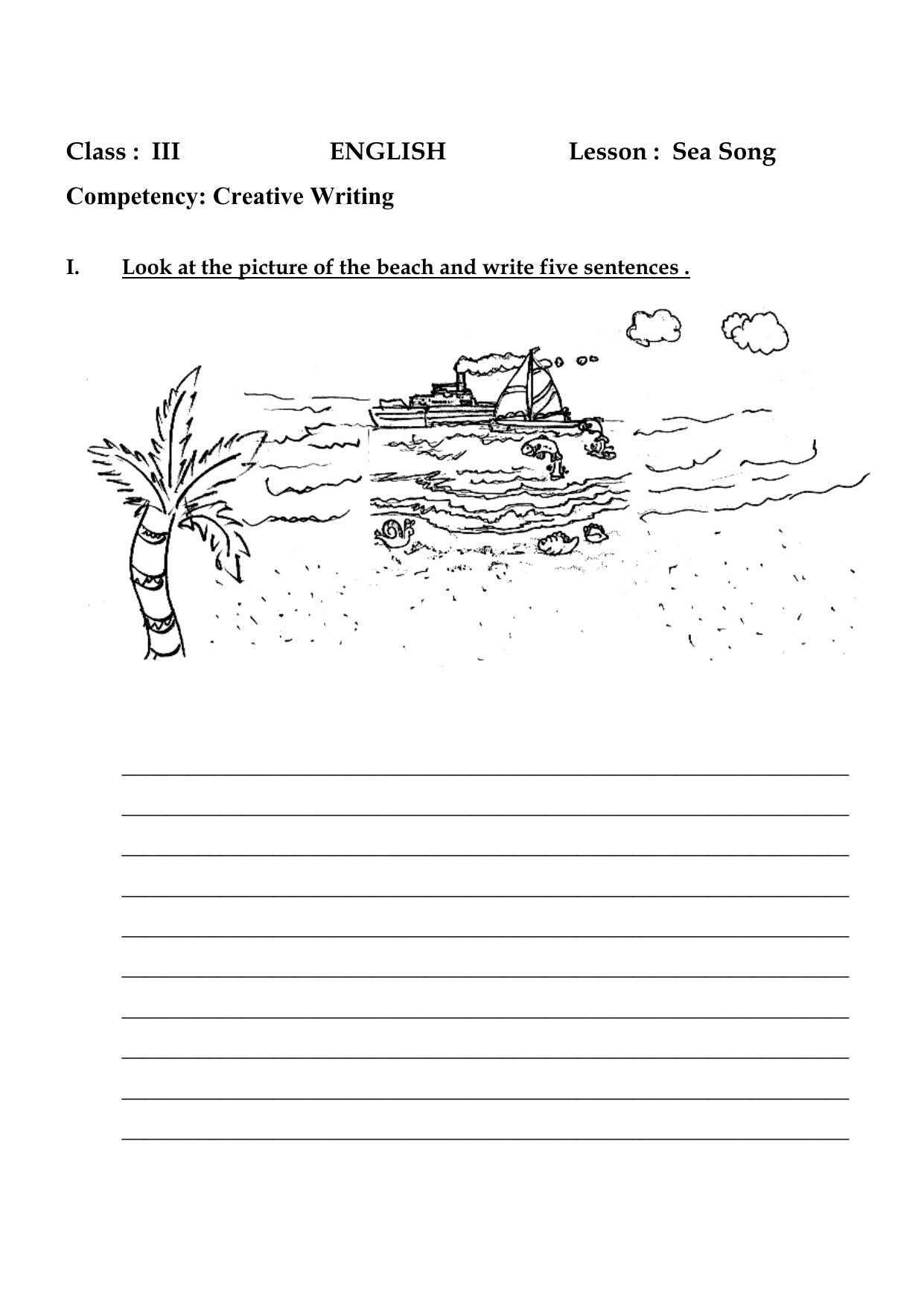 Worksheet for Class 3 English Sea Song Assignment - Page 1