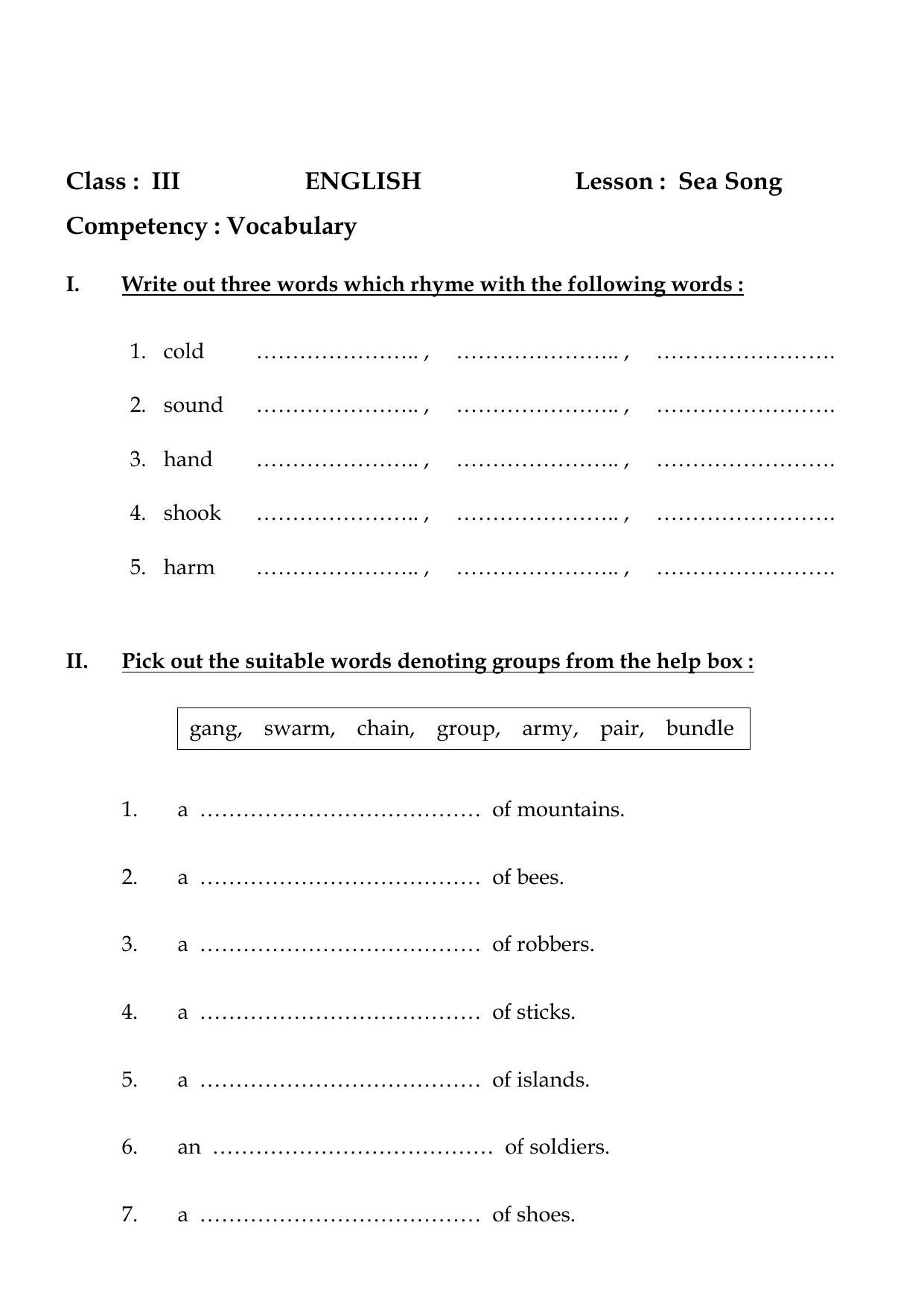 Worksheet for Class 3 English Sea Song Assignment - Page 2