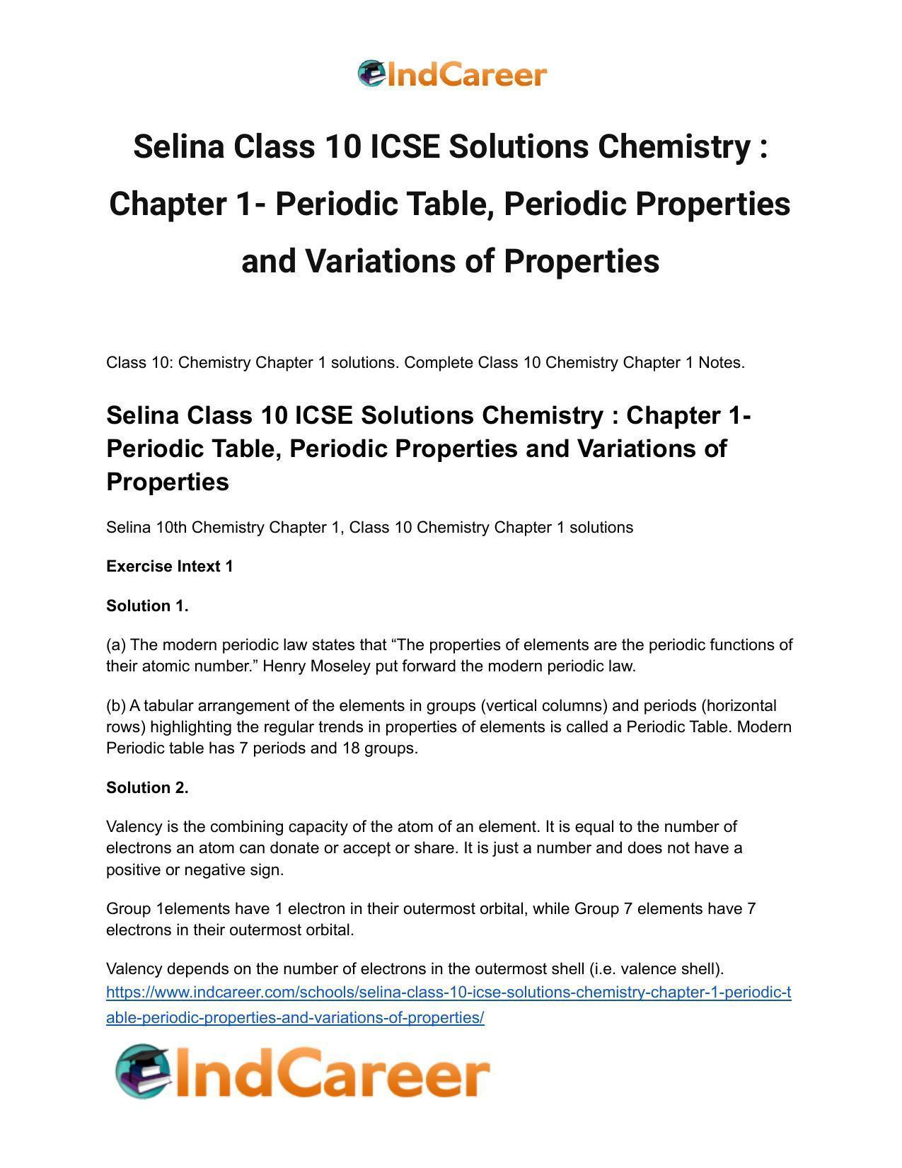 Selina Class 10 ICSE Solutions Chemistry : Chapter 1- Periodic Table, Periodic Properties and Variations of Properties - Page 2