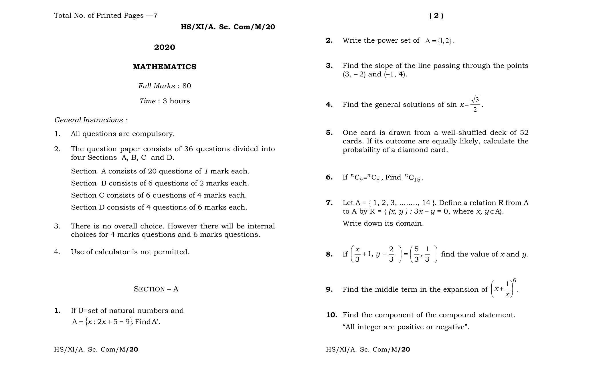 Meghalaya Board (MBOSE) Class 11 Mathematics 2020 Question Paper - Page 1